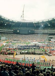 The Olympic Stadium was not even completed for the Games - note the crane above the roof!