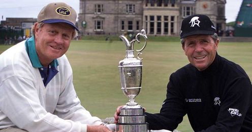 Nicklaus (L)  and Player with the old Claret Jug at St Andrews