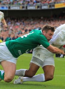 Delon Armitage scoring for England against Ireland wing Tommy Bowe Delon Armitage scoring for England against Ireland wing Tommy Bowe