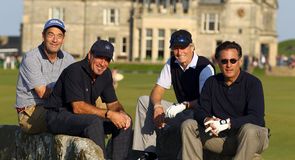 Michael Douglas, Huey Lewis, Andy Garcia and Tico Torres pose for a shot during Wednesday's practice round at St Andrews.