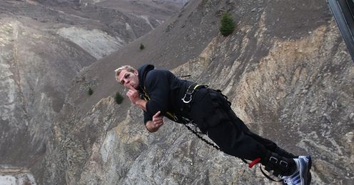 England jumper: James Haskell strikes a pose at the 134m-high Nevis Bungy jump