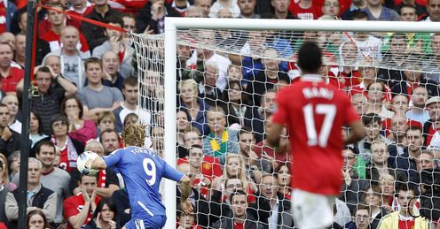 Horrid: Torres fires wide at Old Trafford.