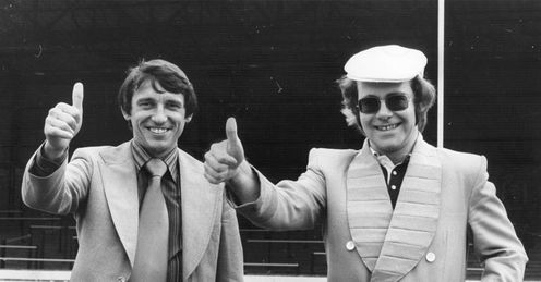 Star duet: Graham Taylor celebrates becoming Watford boss in 1977, with chairman Elton John
