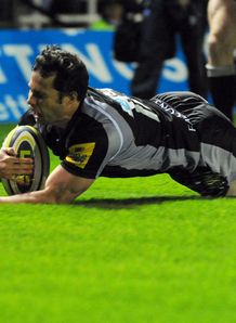 Greg Goosen Newcastle Falcons sliding in for one of his three tries against Cardiff Blues in the LV= Cup