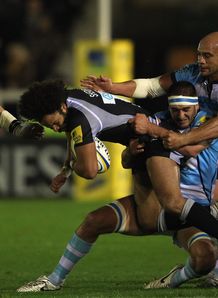 Rikki Sheriffe held by Sam Betty and Dale Rasmussen in Newcastle v Worcester Rikki Sheriffe held by Sam Betty and Dale Rasmussen in Newcastle v Worcester
