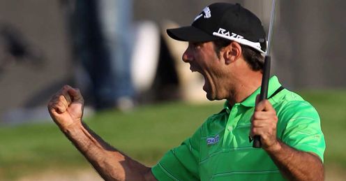 Quiros celebrates after nailing the monster putt at 18 that wrapped up the title