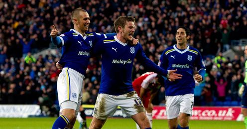 Going great Guns: Aron Gunnarsson celebrates scoring for Cardiff against Boro