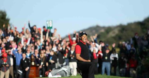 Tiger Woods enjoying a moment after nailing a vital putt Sunday