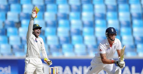 Thrusty: Pietersen falls lbw to Ajmal on the front foot as Adnan Akmal appeals