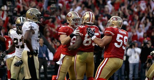 49ers celebrate the game-winning touchdown