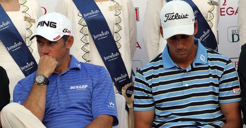 Westwood (L) alongside Cabrera-Bello at the Dubai Desert Classic awards ceremony.