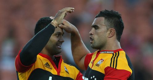 Chiefs v Highlanders - Lelia Masaga is congratulated by Liam Messam Chiefs v Highlanders - Lelia Masaga is congratulated by Liam Messam