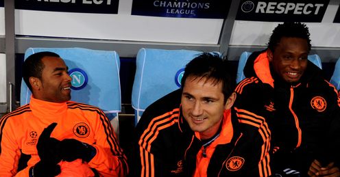Napoli v Chelsea Ashley Cole Frank Lampard John Obi Mikel bench