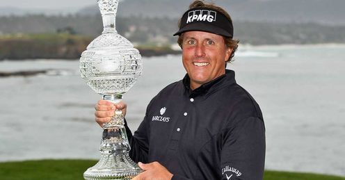 Phil Mickelson celebrating his fourth Pebble Beach Pro-Am title