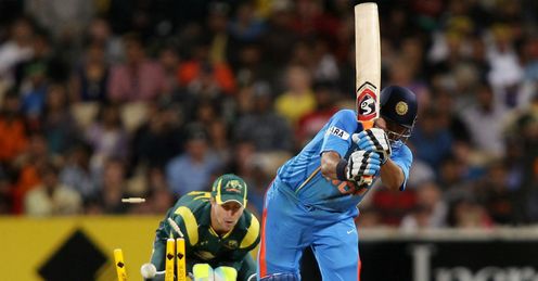 Suresh Raina bowled by Xavier Doherty India v Australia Adelaide
