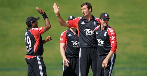 Steve Finn England celebrating a wicket in the warm-up match against England Lions
