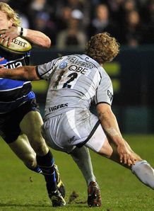Bath v Leicester Sam Vesty tackled by Billy Twelvetreees Bath v Leicester Sam Vesty tackled by Billy Twelvetreees
