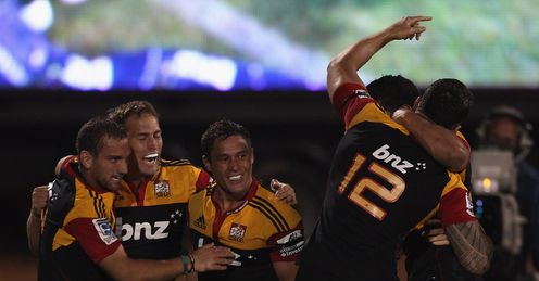 Chiefs celebrate Jackson Willison try Chiefs celebrate Jackson Willison try