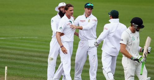 Dale Steyn celebrates bowling Martin Guptill