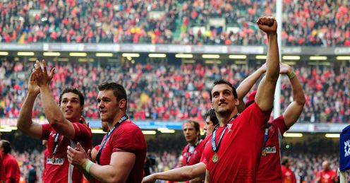 Wales players celebrating RBS Six Nations Grand Slam Cardiff Wales players celebrating RBS Six Nations Grand Slam Cardiff