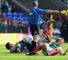One to grapple with: Youngs grabs Darren Allinson as Jamie Gibson (right) rolls away