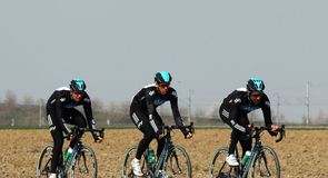 Juan Antonio Flecha leads Mathew Hayman and Ian Stannard across one of the sections of harsh cobblestones.