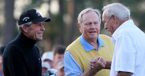 Gary Player (L), Jack Nicklaus (C) & Arnold Palmer (R) get things underway.