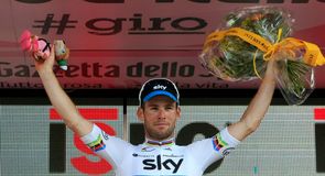 Mark Cavendish was able to celebrate on the podium after a brilliant sprint win in Cervere.