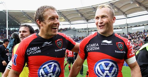 Jonny Wilkinson of Toulon celebrates with Matt Gitteau Top14 semi 2012 Jonny Wilkinson of Toulon celebrates with Matt Gitteau Top14 semi 2012