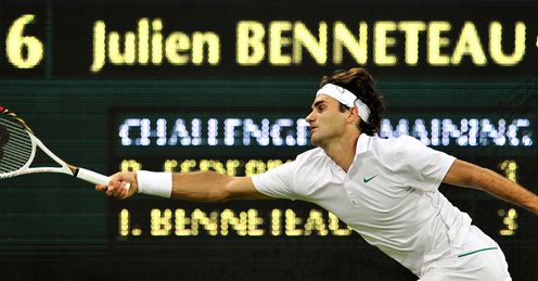 At full stretch: Federer had to dig deep before seeing off Benneteau in five sets
