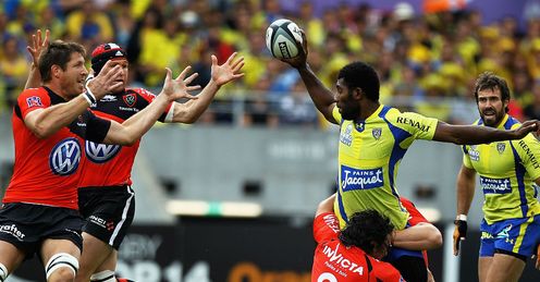 Sebastien Bruno of Toulon tackles Sitenevi Sivivatu of ASM Clermont Auvergne Sebastien Bruno of Toulon tackles Sitenevi Sivivatu of ASM Clermont Auvergne