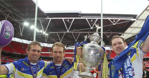 Warrington Wolves Brett Hodgson Joel Monaghan Michael Monaghan Carnegie Challenge Cup final trophy Warrington Wolves Brett Hodgson Joel Monaghan Michael Monaghan Carnegie Challenge Cup final trophy