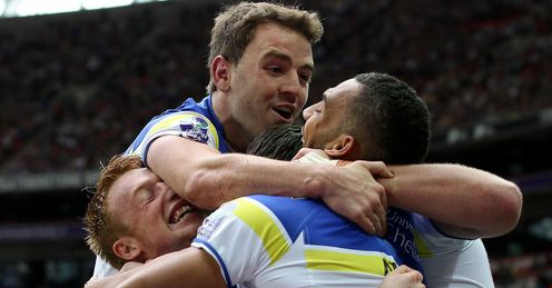 Warrington Wolves celebrating a try for Chris Riley 2012 Challenge Cup final Warrington Wolves celebrating a try for Chris Riley 2012 Challenge Cup final