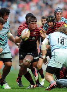 Ernst Joubert of Saracens takes on the Leicester Tigers defence Ernst Joubert of Saracens takes on the Leicester Tigers defence