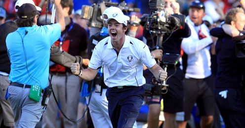 McIlroy: Jubilant after Martin Kaymer's putt sealed the victory