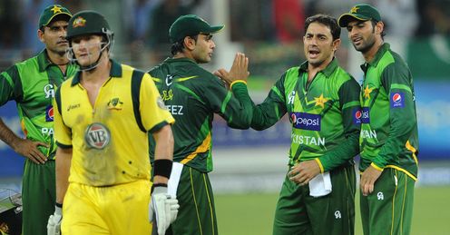 Saeed Ajmal celebrates wicket of Shane Watson Pakistan Australia T20 Dubai
