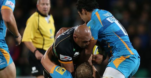 Soane Tonga uiha being tackled Northampton v Wasps Aviva Premiership Soane Tonga uiha being tackled Northampton v Wasps Aviva Premiership