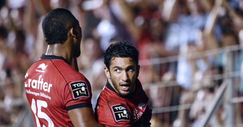 Toulon s Maxime Mermoz R reacts after scoring a try Toulon s Maxime Mermoz R reacts after scoring a try