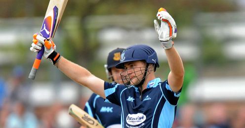 Luke Wright Sussex celebrating his century against Hampshire