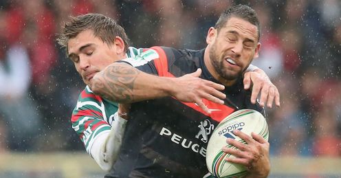 Luke McAllister Toulouse tackled by Toby Flood of Leicester Tigers Heineken Cup Luke McAllister Toulouse tackled by Toby Flood of Leicester Tigers Heineken Cup