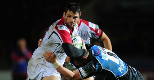 Ulster fullback Jared Payne l breaks the tackle of Glasgow number 8 Ryan Wilson Ulster fullback Jared Payne l breaks the tackle of Glasgow number 8 Ryan Wilson