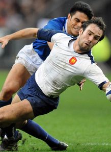 France s scrum half Morgan Parra C vies with Samoan s winger David Lemi rear France s scrum half Morgan Parra C vies with Samoan s winger David Lemi rear