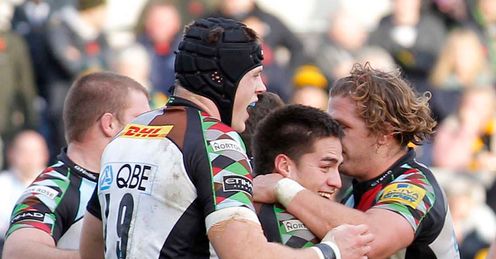 Ben Botica mobbed Northampton v Harlequins LV Cup Ben Botica mobbed Northampton v Harlequins LV Cup