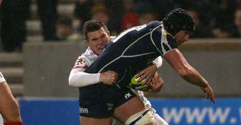 Fraser McKenzie of Sale Sharks holds off a challenge from Ben Spencer of Saracens to score Fraser McKenzie of Sale Sharks holds off a challenge from Ben Spencer of Saracens to score