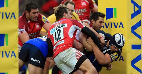 Gavin Henson and Seb Jewell of London Welsh hold up Dave Attwood of Bath Gavin Henson and Seb Jewell of London Welsh hold up Dave Attwood of Bath