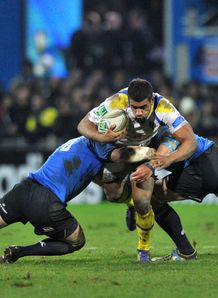 clermont centre Wesley Fofana C is tackled by two Leinster players clermont centre Wesley Fofana C is tackled by two Leinster players