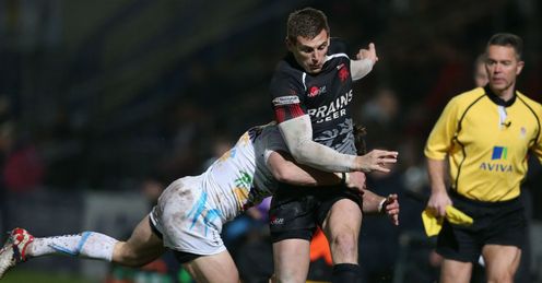 Nick Scott of London Welsh is tackled by Alex Grove Nick Scott of London Welsh is tackled by Alex Grove