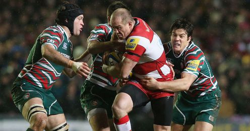 Mike Tindall Gloucester tackled by three Leicester players Mike Tindall Gloucester tackled by three Leicester players