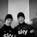 Chris Froome and Sir Bradley Wiggins pose outside the mechanic's truck ahead of the ride