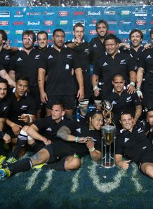 All Blacks standing with Rugby Championship trophy All Blacks standing with Rugby Championship trophy